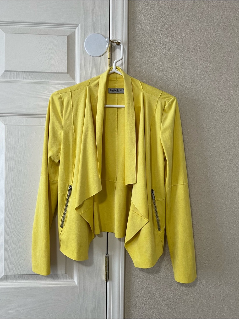Bagatelle Collection Faux Suede Yellow Open Front Draped Blazer Jacket Size S